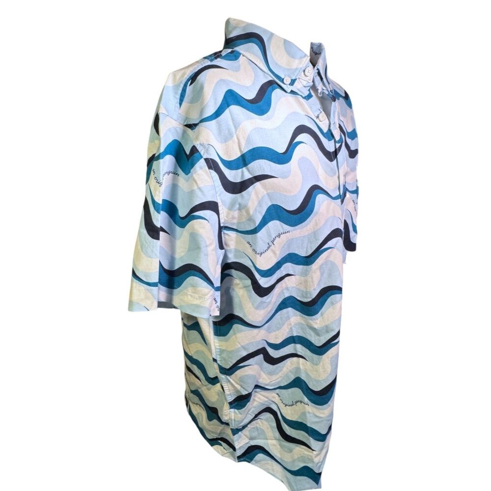 Original Penguin Mens Button-Up Shirt M Blue Wave Print Stretch Viscose Casual